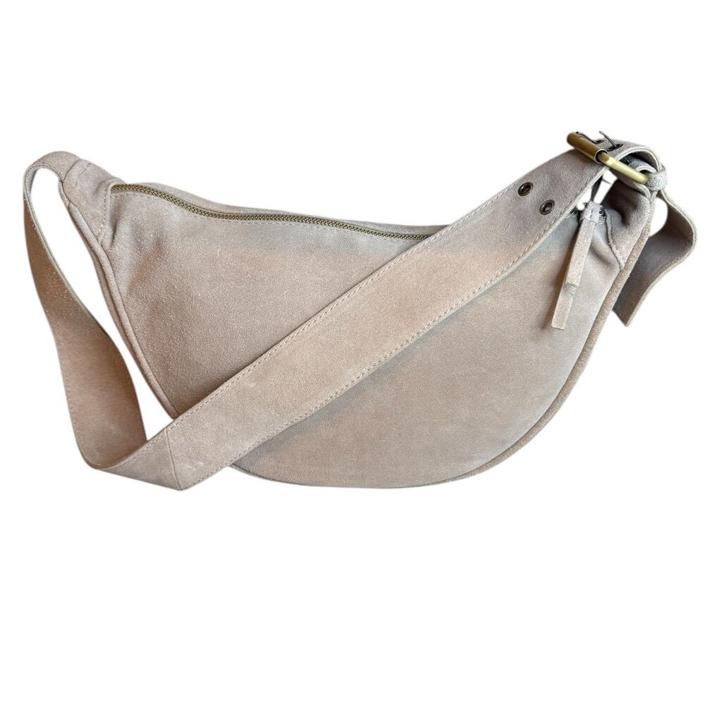 Suede Sling Curved Bottom Shoulder Bag Taupe